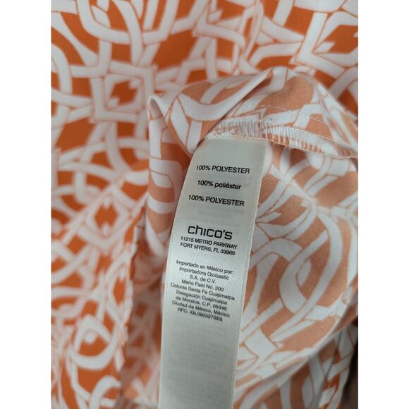 Chico's 3 XL Orange Print Collared Long Roll Tab Sleeve Button Front Blouse - Picture 7 of 7